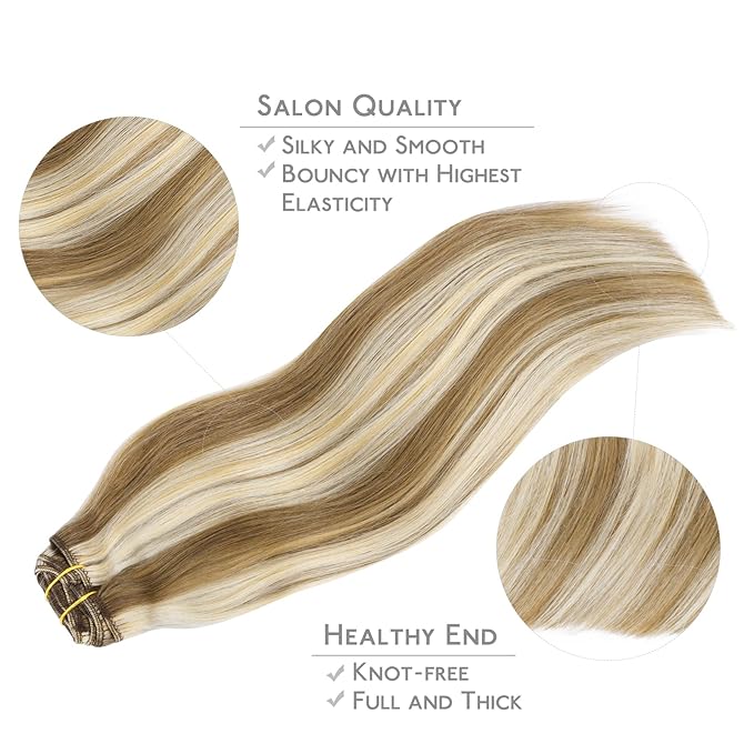 WENNALIFE Hair Extensions Clip In, 9pcs 14inch 150g Ash Brown Highlighted Golden Blonde Thicker Clip In Hair Extensions Real Human Hair Remy hair extension Double Weft Clip in Human Hair Extensions