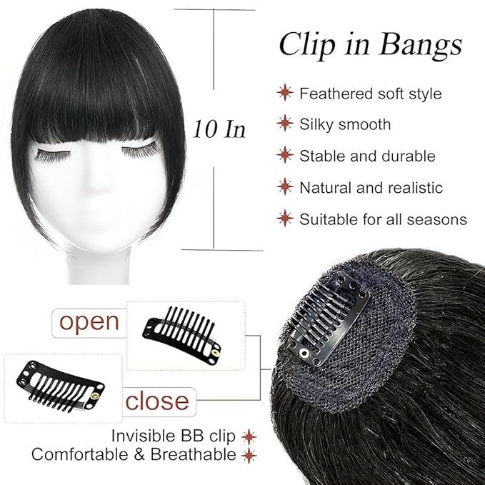 Clip in Bangs Jet Black Color 100% Real Human Hair Wispy Clip on Bangs Extensions Fringe with Temples Hairpieces for Women