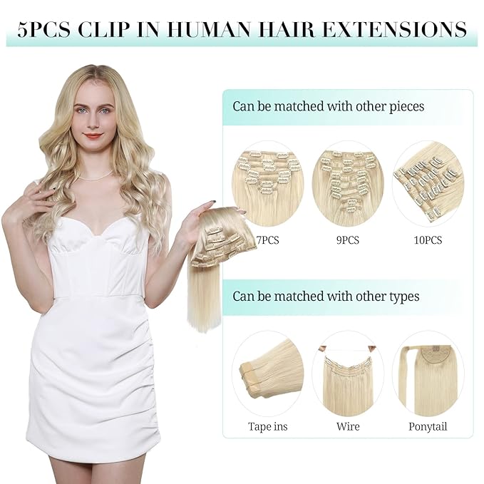 DOORES Clip in Hair Extensions Human Hair, 5pcs 75g Balayage Light Blonde Highlighted Golden Blonde 14 Inch Human Hair Extensions Clip in Remy Hair Extensions Straight Natural Hair