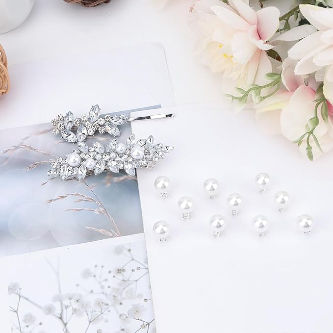 12 Pieces Rhinestone Hair Clips, Include 10 Pearl Mini Rhinestone Hair Pins, 2 Pieces Crystal Rhinestone Hair Clips Leaf Hair Pins Hair Accessories for Wedding, Party, Prom