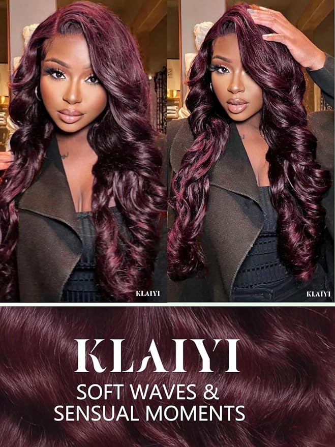 KLAIYI Black Cherry Loose Body Wave Pre Eeverything 13x4 Lace Frontal Wigs Human Hair Bye Bye Knots Glueless Ready to Wear and Go Wig with Face Framing Bangs Drawstring Pre Plucked Burgundy Wig 22Inch