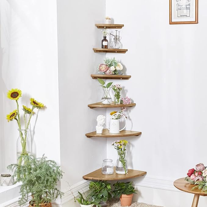 Corner Shelf, Solid Oak Wood Floating Corner Shelf Wall Mount Round End Floating Speaker Shelves with Wire Hole for Small Plant Photo for Bedroom Kitchen, Living Room