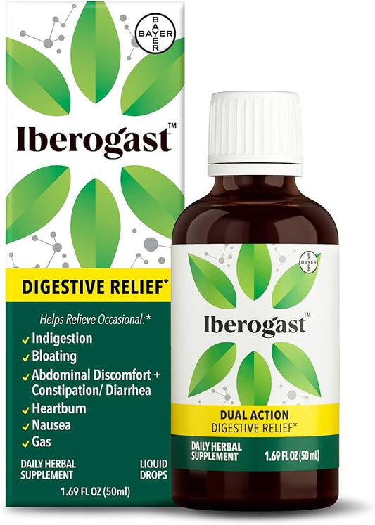 Iberogast Liquid Drops, Herbal Relief of Stomach Upsets: Occasional Indigestion, Bloating, Gas, Nausea, Upset Stomach; Gluten Free; 6-Herb Blend with Iberis Amara, Peppermint, Licorice; 50mL