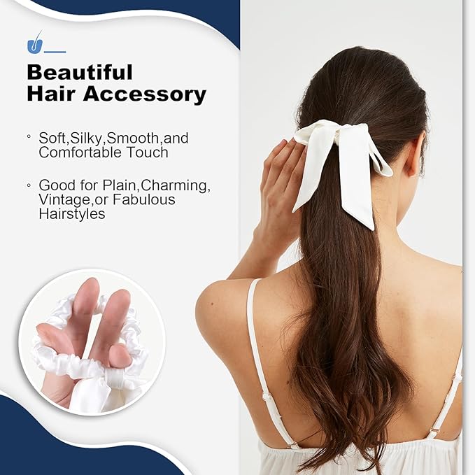 1 Piece Silk Bow Scrunchies for Hair-100% Pure Mulberry 22 Momme Silk Hair Tie, Elastic Ponytail Holder, Elegant Soft Bow Hair Ties Band for Women Hair Care, Multiple Colours (WHITE)