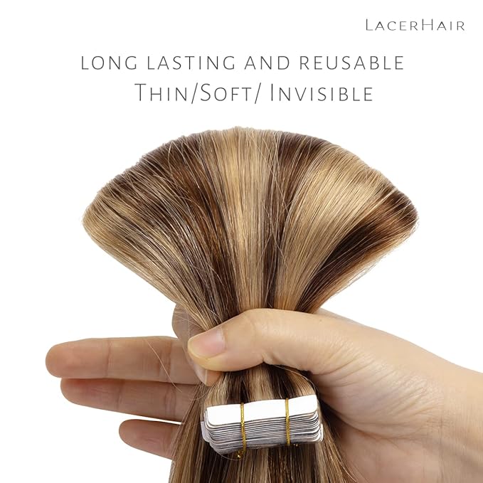 Lacer Invisible Tape in Hair Extensions Human Hair Dark Brown to Golden Brown Seamless Natural Tape in Human Hair Extensions PU Skin Weft 50g 20pcs/set 22 Inch