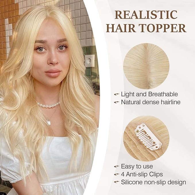 Rich Choices Hair Toppers for Women Real Human Hair 100% Human Remy Toppers NO Bangs for Women with Thinning on Top Clip in Hairpiece 4"x4.7"Lace Base 10 Inch #613 Bleach Blonde