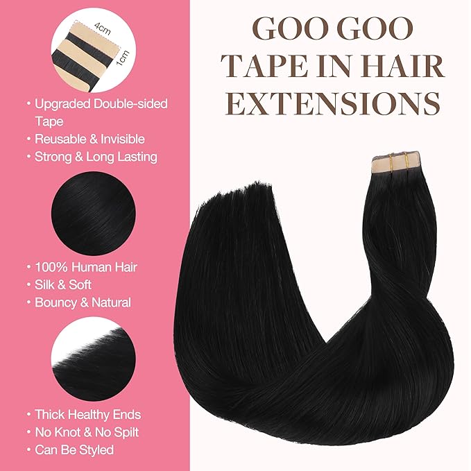 GOO GOO Tape in Hair Extensions Human Hair, 1 Jet black, 24inch 100g 40pcs, Skin Weft Seamless Invisible, Silky Straight with Thick Ends, Remy Human Hair