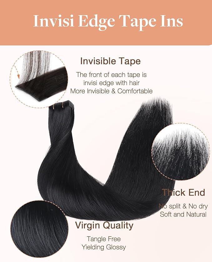 GOO GOO Invisi Edge Tape in Hair Extensions Human Hair, 1 Jet black 20pcs 10inch 30g, Virgin Remy Hair, Seamless Injected Tape, Natural Look