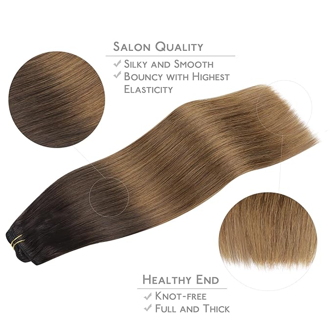 WENNALIFE Clip in Hair Extensions Real Human Hair, 16 Inch 150g 9pcs Remy Hair, Ombre Dark Brown to Light Chestnut Brown Straight Natural Extensiones De Cabello Humano Con Clip Ins