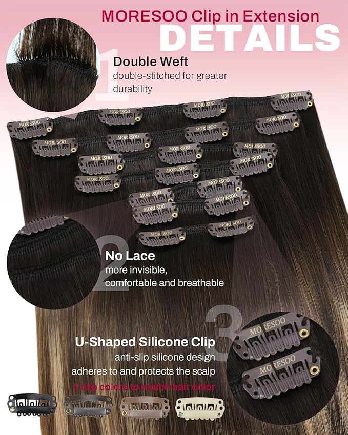 Moresoo Human Hair Clip in Extensions Ombre Real Hair Extensions Clip in Human Hair Balayage Dark Brown to Dark Ash Blonde with Dark Blonde Double Weft 7pcs/150g 20inch