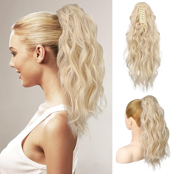 FLUFYMOOZ Ponytail Extension, 18 Inch Claw Clip Ponytail Extension, Wavy Curly Claw Clip in Ponytail Hair Extensions, Natural Fake Ponytail Synthetic Hairpiece for Women (Cool Blonde)
