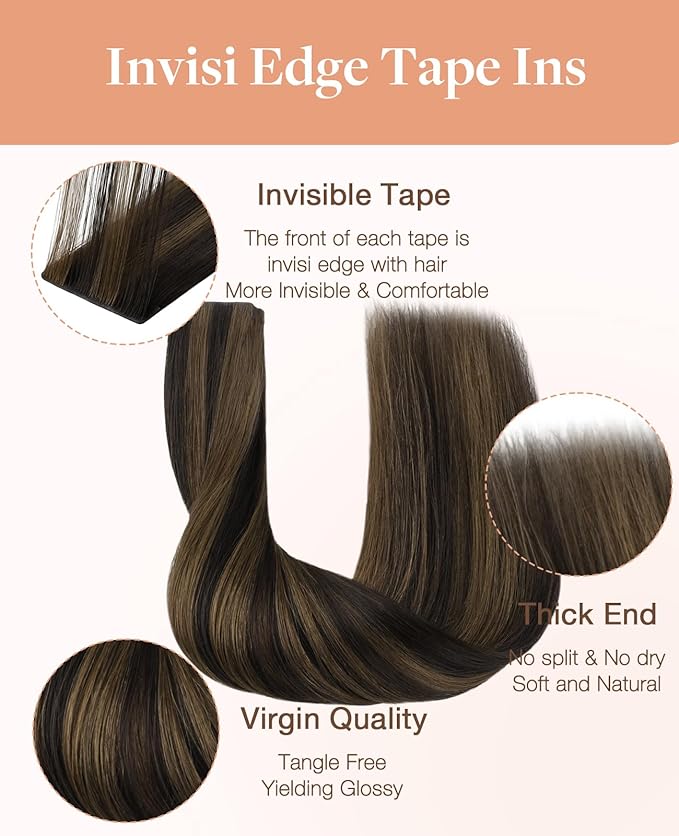 GOO GOO Invisi Edge Tape in Hair Extensions Human Hair, 2/6 Dark Brown Highlighted Chestnut Brown, 20pcs 14inch 50g, Virgin Remy Hair, Seamless Injected Tape, Natural Look
