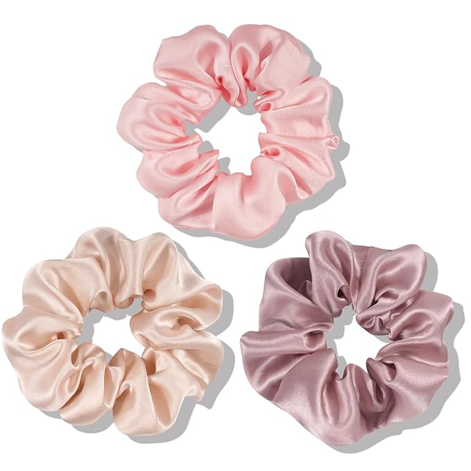 OLESILK 100% Mulberry Silk-Scrunchies for Hair Sleep, Women Grils Silk Hair Ties for Frizz & Breakage Curly Hair, No Damage, Elastics Ponytail Holder, 3 Pack