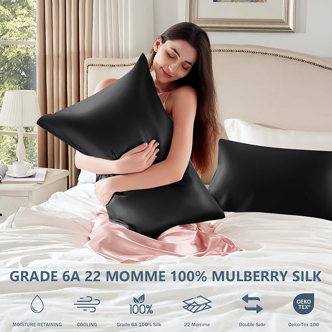 Silk Pillow Cases 2 Pack Queen Size Mulberry Silk Pillowcase Set of 2 for Hair and Skin 30 x 20 Inches 22 Momme Both Side Grade 6A Silk Soft Breathable Cooling with Hidden Zipper, Black
