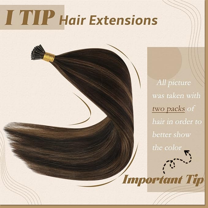 YoungSee I Tip Hair Extensions Human Hair Brown I Tip Hair Extensions Highlight Dark Brown with Brown Itip Human Hair Extension 20 Inch Highlight Pre Bonded Hair Extension Silky Straight 50s 50g