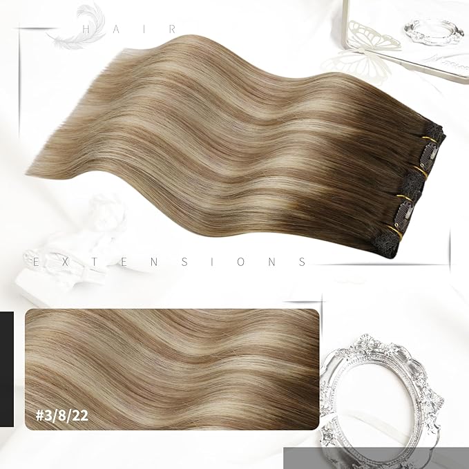 Moresoo Hair Extensions Clip in Human Hair Balayage Double Weft Clip in Hair Extensions Human Hair Ombre Brown to Light Brown with Blonde 7Pieces 120Grams 16inch