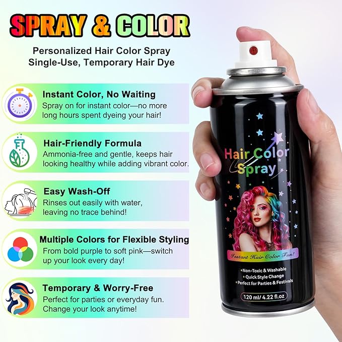 Temporary Hair Color Spray - Instant Washable Hair Dye for Kids & Adults, Non-Toxic & Non-Sticky Formula for Halloween, Cosplay, Parties & Festivals - Lasts All Day, Easy Wash Out -4.22oz (Purple)