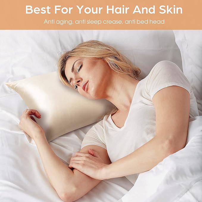 Silk Pillowcase for Hair and Skin, 2 Pack 100% Mulberry Silk Pillowcase 25 Momme, 600 Thread Count, Both Side Pure Silk Pillow Cover with Hidden Zipper (Beige, King 20''×36'')