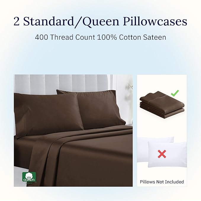 California Design Den Standard/Queen Size Pillowcase Set - Soft 400 Thread Count Sateen, 100% Cotton Pillowcases, Set of 2 Pillow Covers, Breathable, Espresso Chocolate Brown