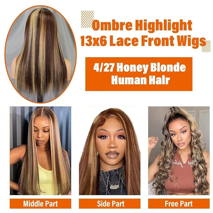 13x6 Ombre Lace Front Wigs Human Hair for Women 180 Density 4/27 Highlight Colored HD Transparent 28 Inch Straight Lace Front Wig Human Hair Pre Plucked Glueless Lace Frontal Wigs