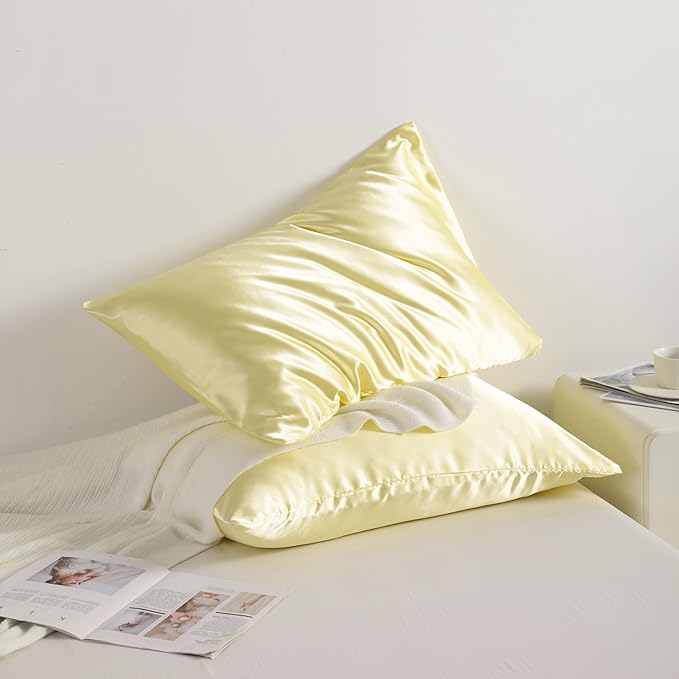 NTBAY 2 Pack Satin Queen Pillowcases for Hair and Skin, Luxurious and Silky Pillow Cases with Envelope Closure, 20x30 Inches, Light Yellow