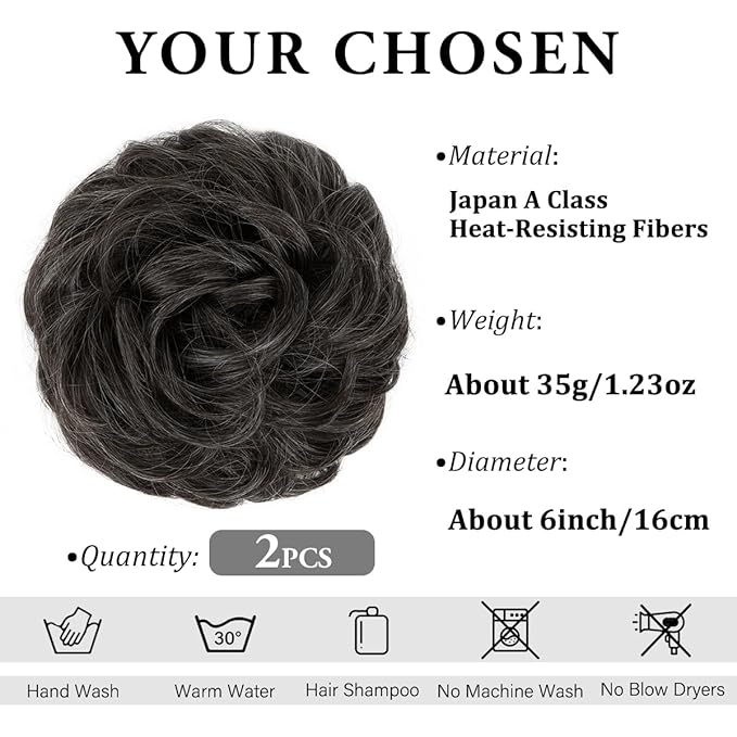 SARLA 2PCS Messy Hair Bun Hair Pieces Wavy Curly Synthetic Updo Fake Scrunchies Ponytail Extension for Women Pepper Grey