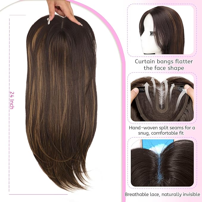 Isaic 24 Inch Synthetic Hair Topper for Women 360° Clip-in with Adjustable Band, Layered Hairpiece for Thinning Hair Adds Volume & Natural Coverage(Balayage Dark Brown to Chestnut)