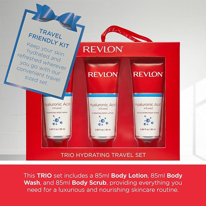 REVLON Get Carried Away Trio Hydrating Travel Set, Hyaluronic Acid Infused, Hydrating Body Wash, Body Lotion, Exfoliating Body Scrub, 3 Count (2.88 fl oz)