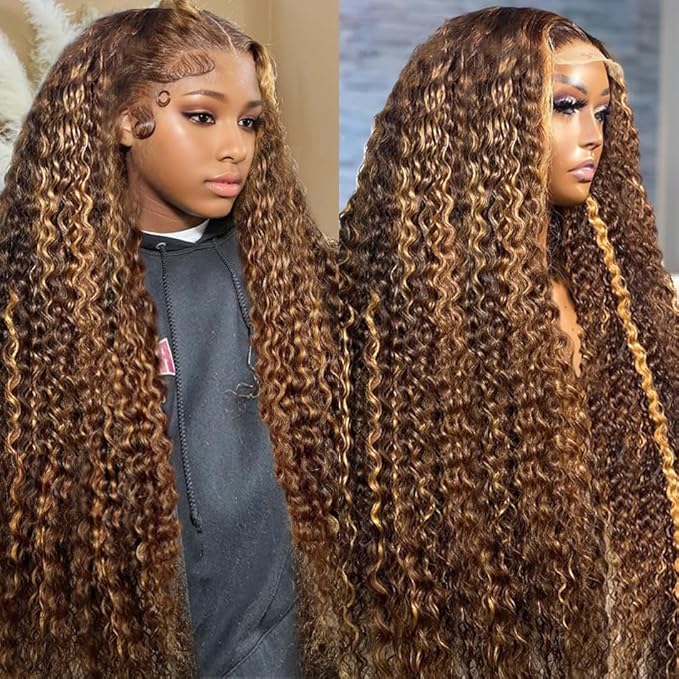 Hidden Strap 360 Deep Wave Lace Front Wigs Human Hair 220% Density Honey Blonde Deep Curly Human Hair wig Ombre Deep Wave 4/27 Highlight Lace Front Wigs Wet And Wavy Water Wave Wig for Women 22 Inch