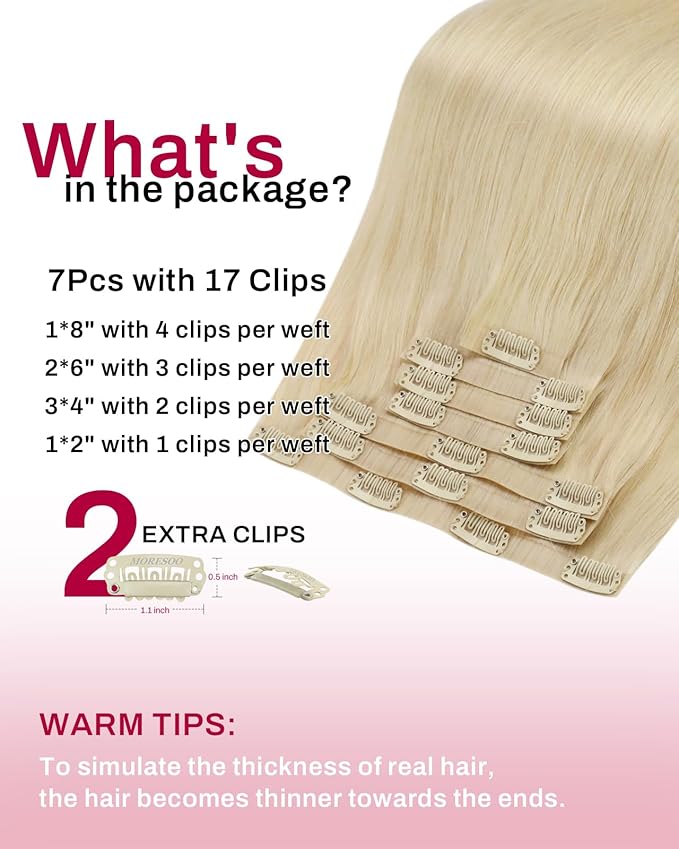 Moresoo Seamless Clip in Hair Extensions Real Human Hair Golden Platinum Blonde PU Weft Clip in Human Hair Extensions Blonde Full Head 7pcs 120g 20inch