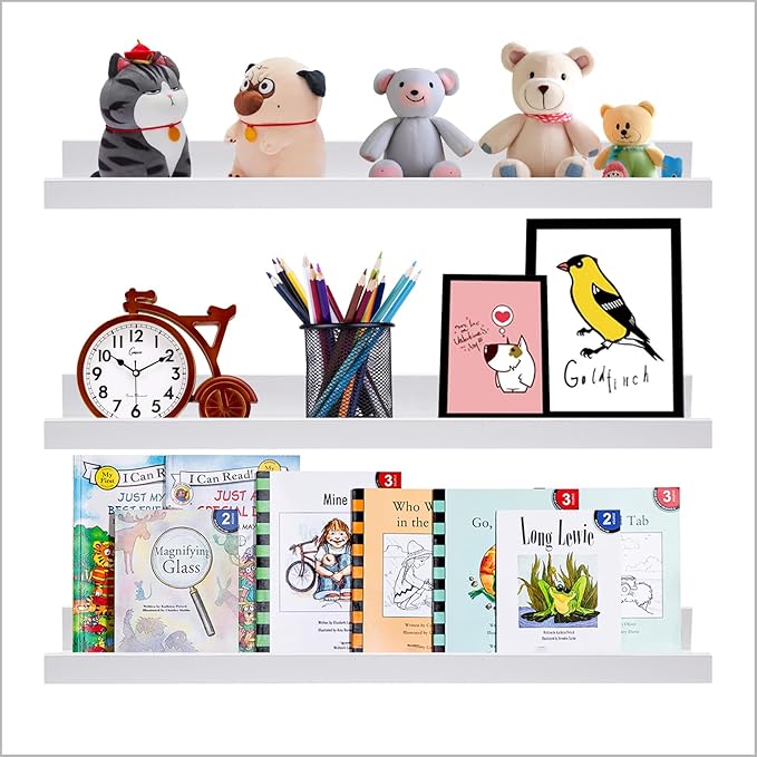 AZSKY White Kids Bookshelf Floating Shelves Wall Mounted 24 Inches Long Nursery Wooden Book Shelves for Toys Storage Picture Ledge Shelf for Living Room Bedroom Decor Books Photo Frames Set of 3