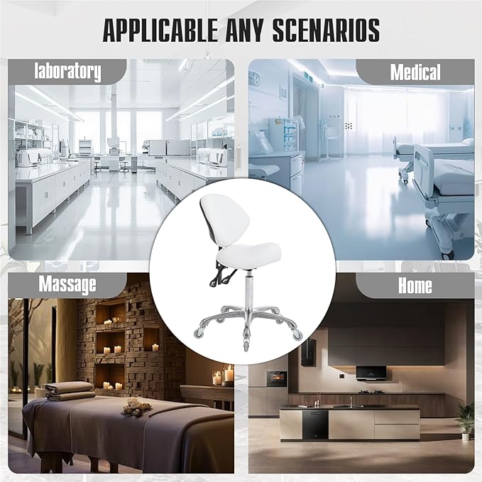 Hydraulic Saddle Rolling Adjustable, Heavy-Duty (350 lbs) Stool Chair for Beauty Salon Massage Dental Clinic Home Office Use(White, Updated to Soft Wheels)