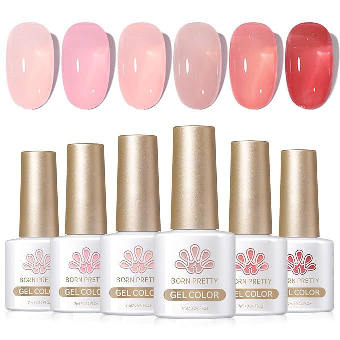 Born Pretty Jelly Nude Pink Gel Nail Polish Sheer Transparent Gel Polish 6Colors Soak Off U v Light Cure Gel Polish Kit for Salon and Nail Art DIY at Home
