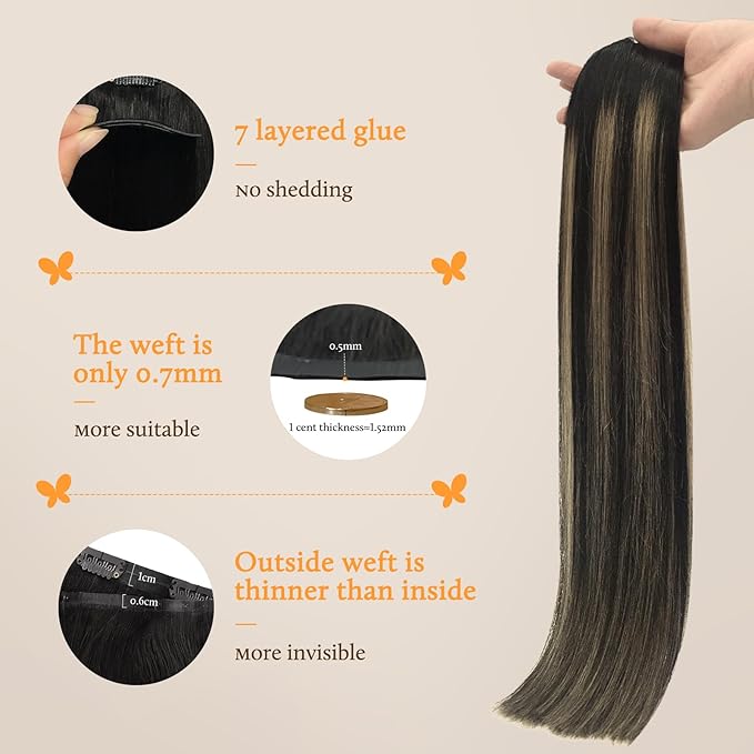 DOORES Clip-in Hair Extensions, Natural Black to Light Blonde, 7pcs 14 Inch 130g, Seamless Remy Hair, Thick Straight Hair, Invisi Edge