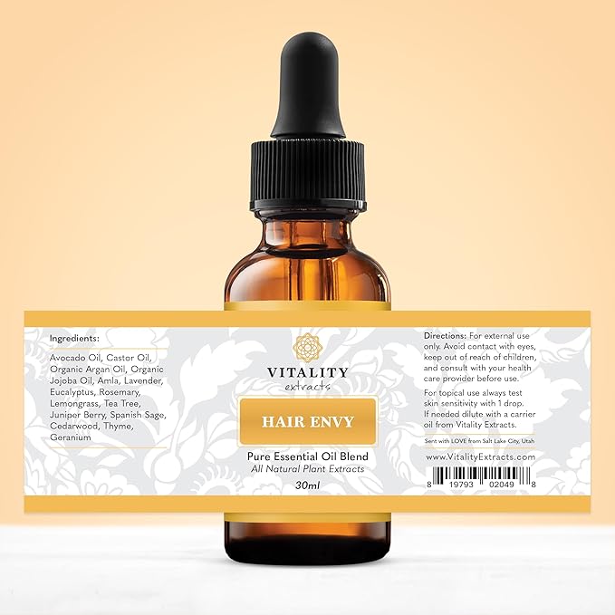 Vitality Extracts Hair Envy - Natural Hair Growth Serum - 100% Pure Essential Oils, 15 Plant Extracts, No Synthetics, No Parabens - Strengthen Hair, Minimize Breakage, Stimulate Follicles