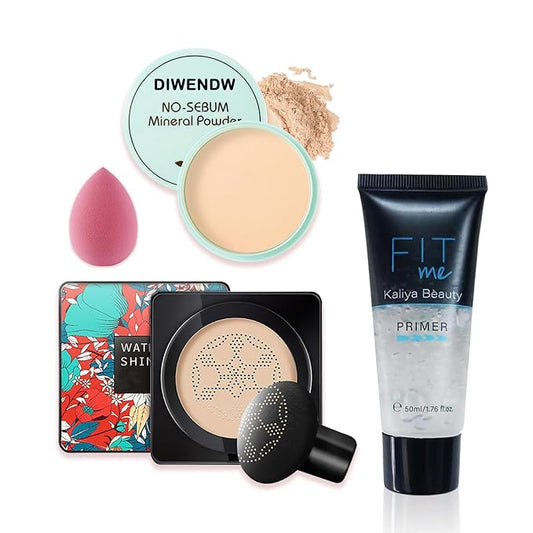 Mushroom Head Air Cushion CC Cream Full Coverage Liquid Foundation Set,Oil Control Concealer Lasting Moisturizing BB Cream,Loose Setting Face Powder Moisturizer Base Primer Makeup with Makeup Sponge