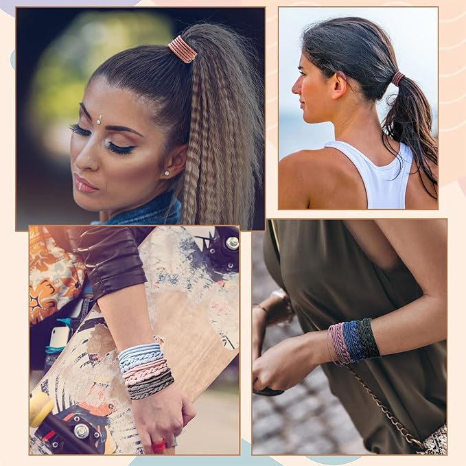 Boho Hair Ties Set, 24 Pcs Hair Tie Bracelet for Girls and Women, Soft Nylon Cotton Hair Ties, Hair Bands for Ponytails, Daily Life, Sport, Cooking, Working