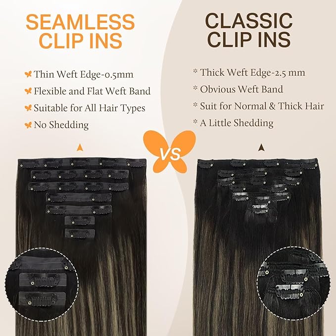 DOORES Human Hair Clip in Extensions - Natural Black to Light Blonde, 7pcs, 16 Inch, 130g - Seamless Remy Hair Straight Invisi Edge Thin Weft