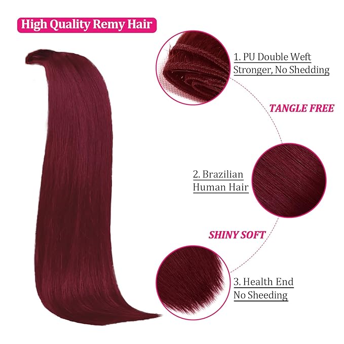 Burgundy Clip in Hair Extensions Real Human Hair Clip Ins 8pcs Per Set 110g Brazilian Clip in Hair Extensions Black Women #99j Full Head Silky Straight Human Hair Extensions (18inch)