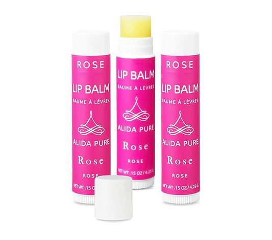 Rose Lip Balm Collection, Vegan Set, Beeswax Free, with Organic Jojoba and Avocado Oil, Vitamin E, Natural Moisturizer for Dry, Chapped Lips, 3 Tube Set
