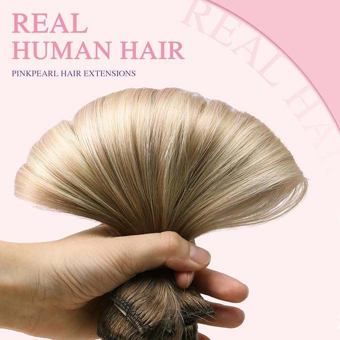 PINKPEARL Clip in Hair Extensions Real Human Hair, 14 Inch 120g 7pcs Human Hair Extensions Clip In, #8/60/18 Balayage Ash Brown to Platinum Blonde and Ash Blonde(#8/60/18-14)
