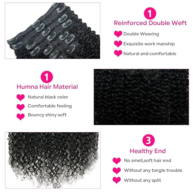 Curly Clip in Hair Extensions for Black Women Brazilian Virgin Human Hair Clip in Extensions 8Pcs Kinky Curly Clip ins Human Hair with 18Clips Double Lace Weft 120g 24nch Natural Black