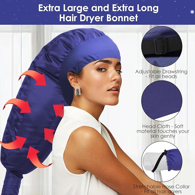 Hair Dryer Bonnet Attachment: Upgraded Extra Large Hooded Dryer Adjustable Hair Dryer Caps - Easy to Use for Natural Curly Textured Hair Care Styling Fast Drying - Dark Blue