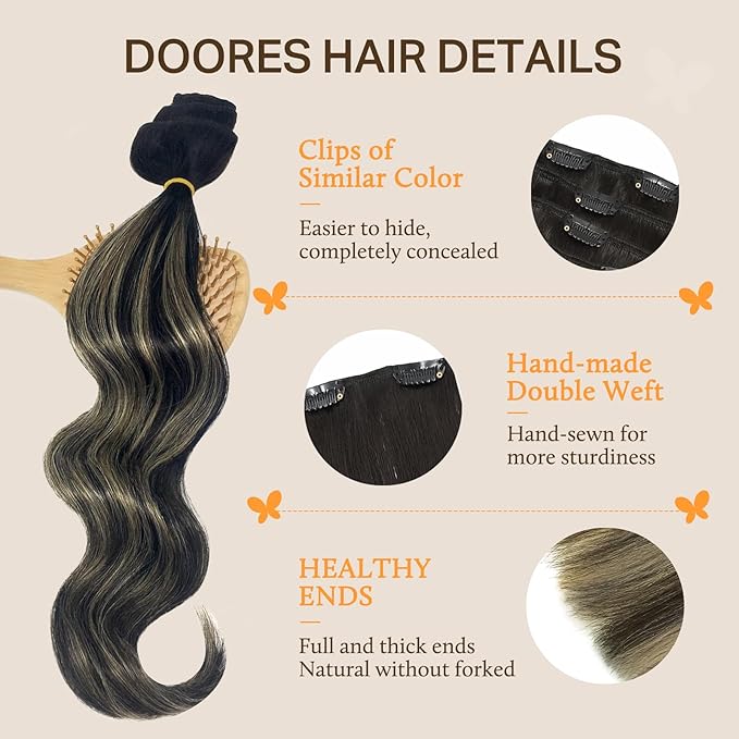 DOORES Clip in Extensions Human Hair, Balayage Natural Black to Light Blonde 16 Inch 150g 9pcs, Real Hair Extensions Clip in Straight Natural Hair Extensions