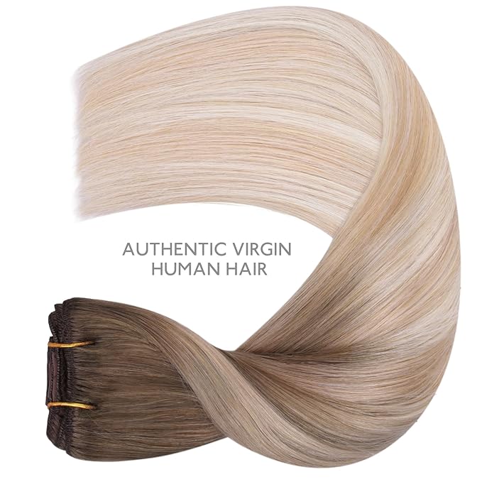 WENNALIFE Clip in Hair Extensions Real Human Hair, 16 Inch g 7pcs Balayage Sandy Brown to Platinum Blonde Remy Hair Straight Natural Extensiones De Cabello Humano Con Clip Ins