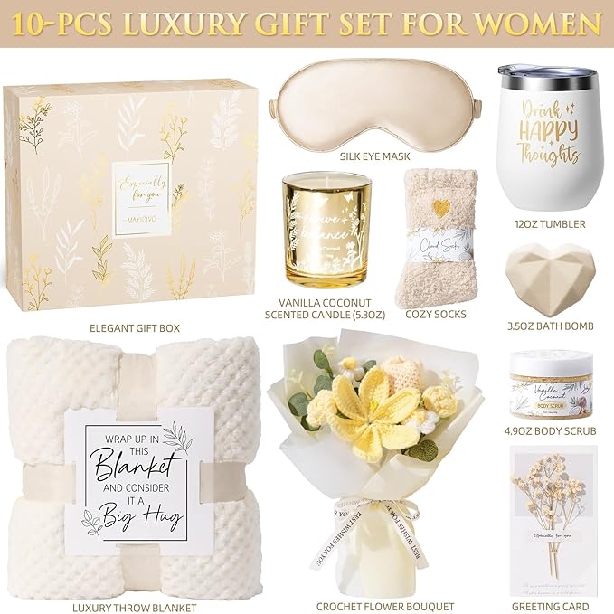Birthday Gifts for Women Self Care Package Get Well Soon Gift Baskets, Thinking of You Sympathy Spa Gift Set w/ Crochet Flower Bouquet, Unique Christmas Gifts for Women Mom Her Best Friend Sister Wife