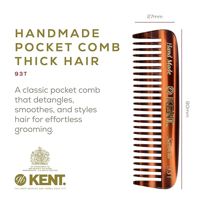 Kent 93T Beard Comb for Men - Wide Tooth Men's Comb, Ideal For Mustaches and Beards and Facial Hair, Small Pocket Sized Travel Detangler Combs, Saw-Cut, Hand Polished, Made in England
