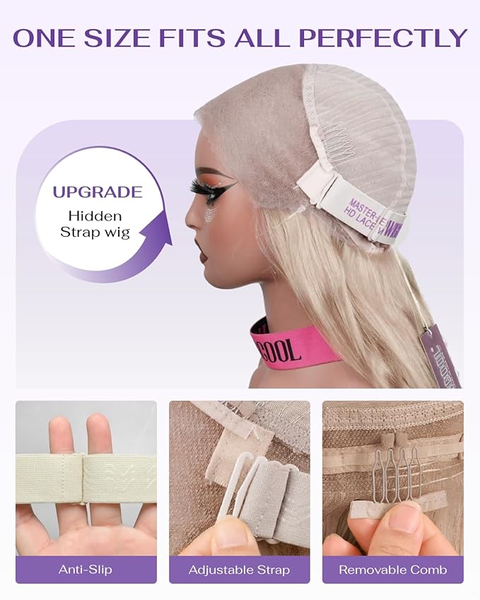 Hidden Strap Milk Tea Ash Blonde Wig Human Hair Body Wave 360 Lace Front Wig Human Hair Ombre Glueless Wigs Pre Bleached Bleached Knots 180% Density Drawstring HD Full Lace Wigs 30Inch