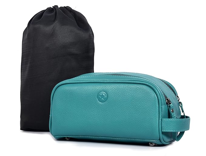 10" Premium Leather Toiletry Travel Pouch With Waterproof Lining | King-Size Handcrafted Vintage Dopp kit By Aaron Leather Goods (Steel Blue)