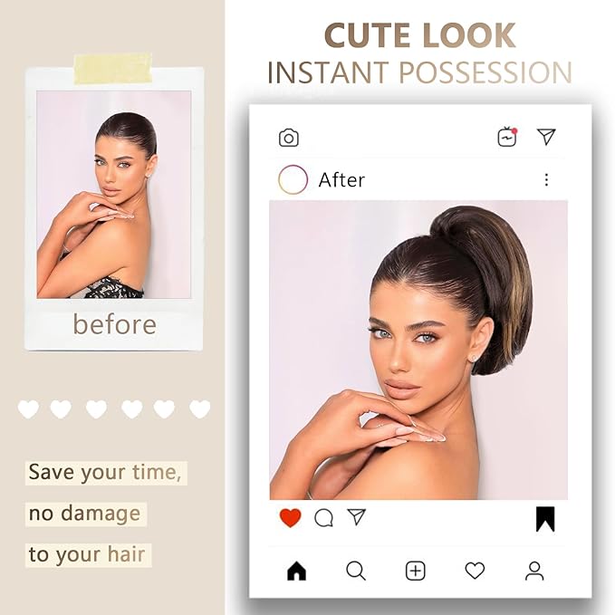 10 Inch Ponytail Extension - Straight Pony Tails Hair Extensions, Claw Clip Ponytail Extension, Synthetic Hair Extensions Ponytail, Clip in Ponytail (Color: Brown with Blonde Highlights)